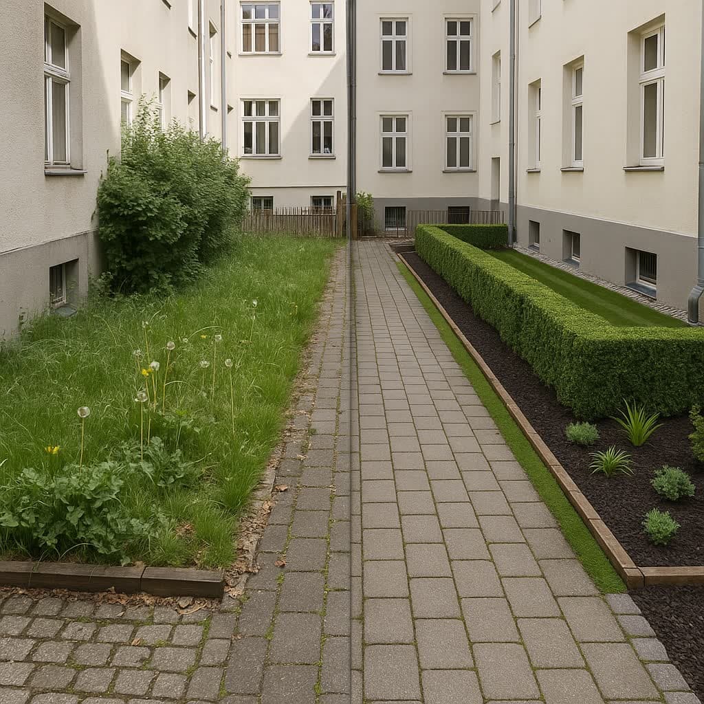 Gepflegte Außenanlage eines größeren Wohnbestands