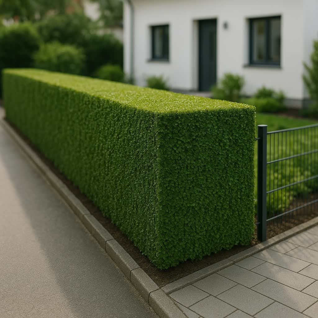 Sauber geschnittene Hecke entlang eines Wohnobjekts