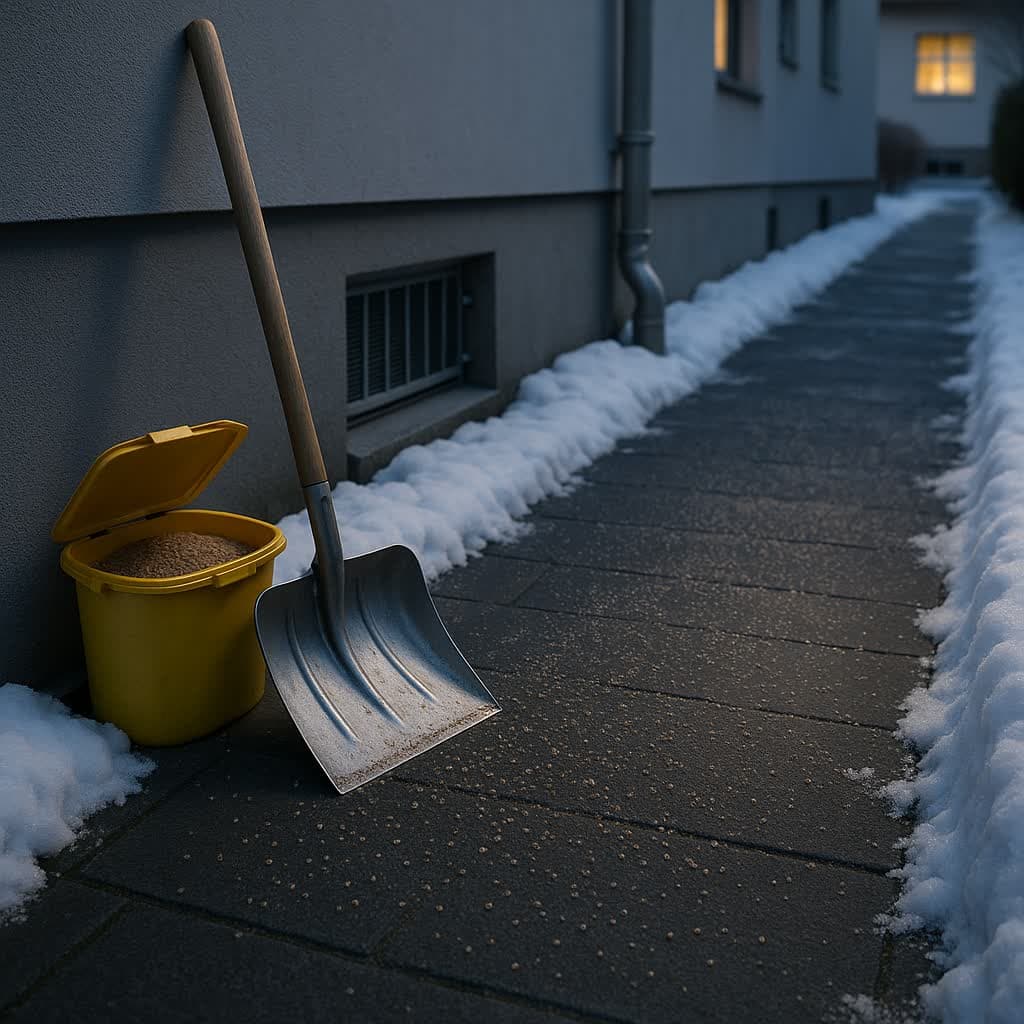 Geräumter Gehweg vor einer Berliner Wohnanlage